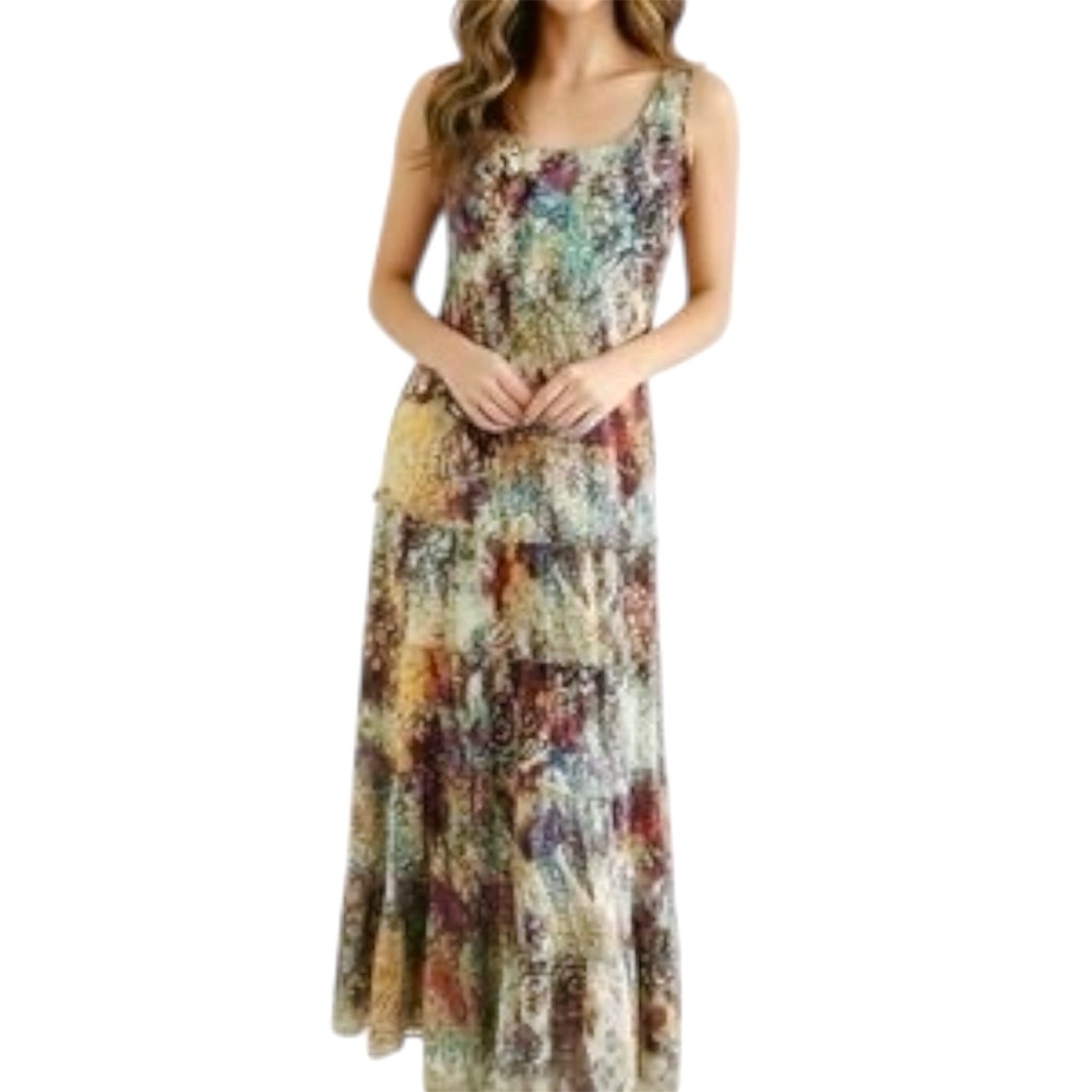 Kasper Chiffon Tiered Skirt Multicolor Floral Watercolor Maxi Dress 12